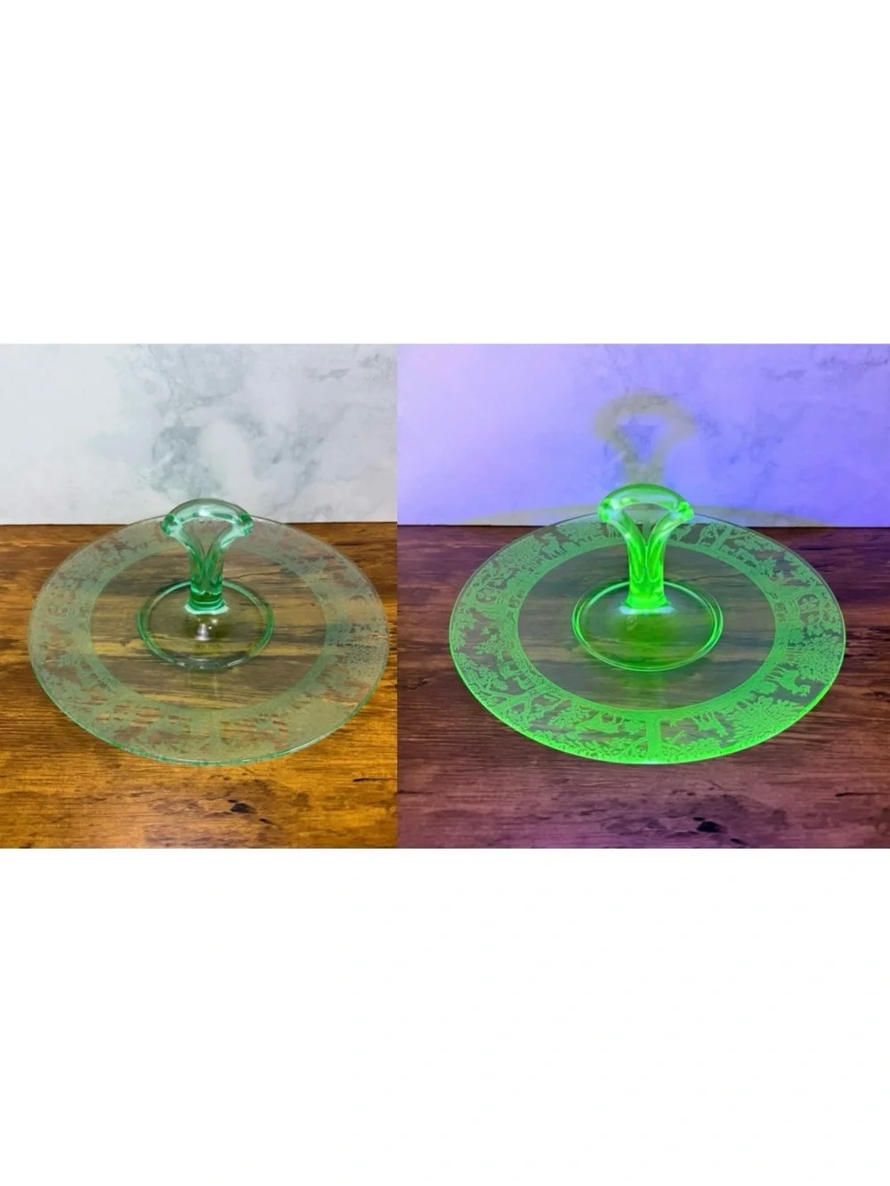 Vintage Tiffin Deerwood Uranium Glass Center Handle Tidbit Tray Etched Deer